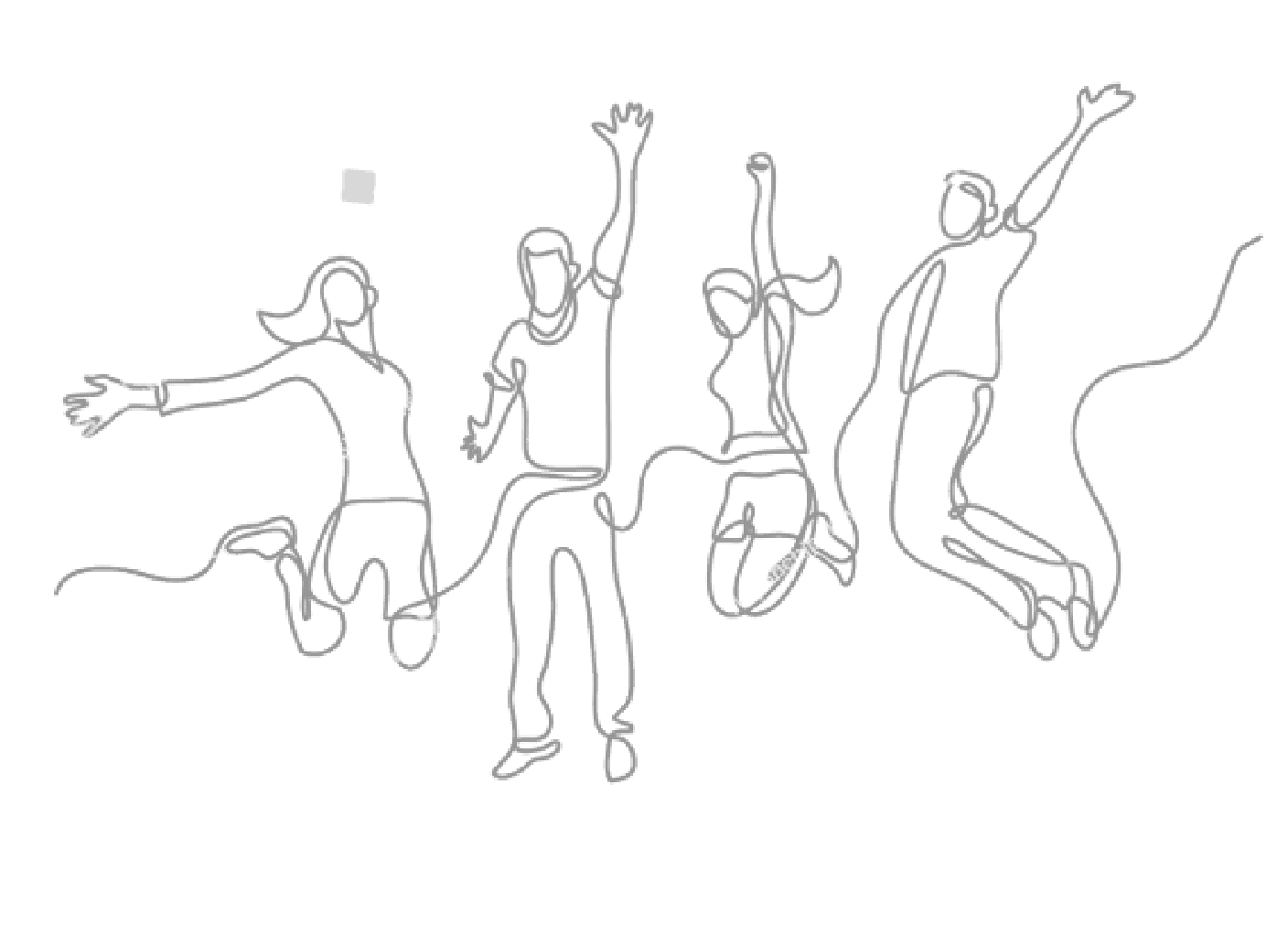 line drawing of group of four people jumping in the air